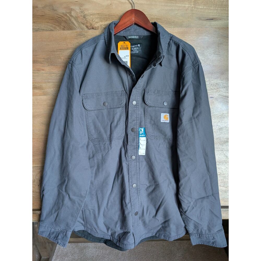 NWT Carhartt Shirt Jacket Men L Gray Fleece-Lined Canvas Rugged Flex Relaxed Fit
